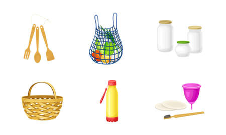 Zero Waste with Mesh Shopping Bag and Wooden Utensils as Everyday Reused Object Vector Setのイラスト素材