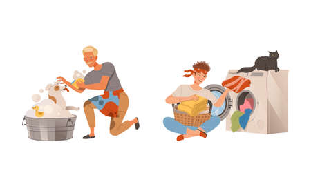 Househusband in everyday routine. Man washing dog in basin and loading laundry into washing machine vector illustrationのイラスト素材