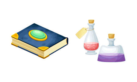 Ancient books with magic spells and magical elixirs. Witchcraft objects set cartoon vector illustrationのイラスト素材