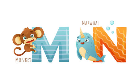 Cute zoo alphabet. M,N letters and monkey, narwhal animals cartoon vector illustrationのイラスト素材