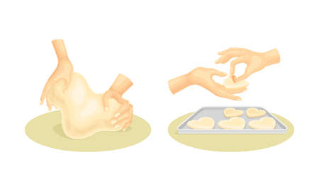 Hands kneading dough and cutting with heart shaped cookie cutter vector illustrationのイラスト素材