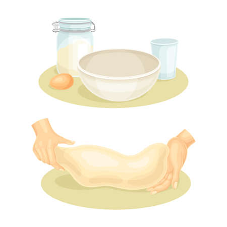Hands preparing dough for cookies, buns, pizza or bread set. Ingredients for dough cooking vector illustrationのイラスト素材