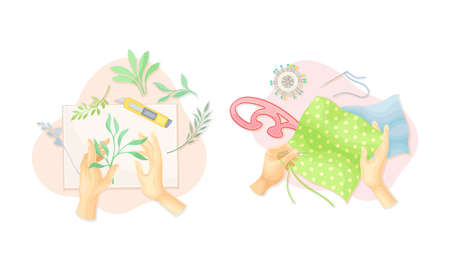 Top view of hands creating crafts set. Hands creating herbarium from dried plants and sewing vector illustrationのイラスト素材