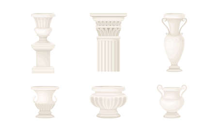 Classic antique decor elements set. Marble column and vases carved stone decorations vector illustrationのイラスト素材