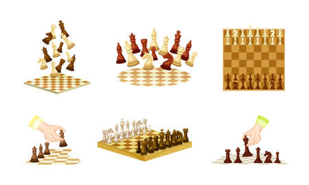 Chessboard with black and white chess pieces set. Strategy game vector illustrationのイラスト素材