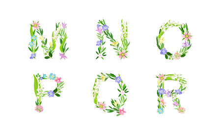 Floral alphabet. M,N,O,P,Q,R letters made of spring flowers and leaves vector illustrationのイラスト素材