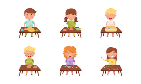 Cute little children playing in kindergarten set. Kids standing at table playing sand and water vector illustrationのイラスト素材