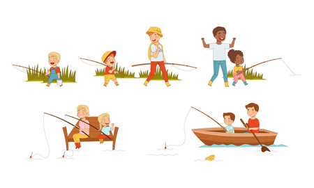 Set of fathers and kids fishing together. Parents and little children catching fish with fishing rods vector illustrationのイラスト素材