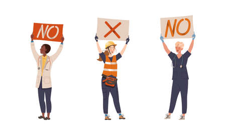 Protesting people of different professions set. Protesters demonstrating with placards vector illustrationのイラスト素材