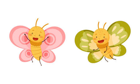 Set of cute butterflies with pink and green wings. Cute smiling insects with funny faces cartoon vector illustrationのイラスト素材
