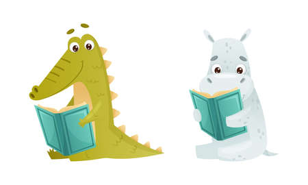 Cute baby animals reading books set. Crocodile, hippo sitting with book cartoon vector illustrationのイラスト素材