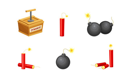 Detonating fuse, bomb and dynamite sticks set vector illustrationのイラスト素材