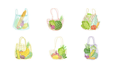 Reusable grocery eco bags with organic vegetables and grocery products set. Zero waste concept vector illustrationのイラスト素材