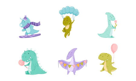 Funny dinosaurs outdoor activities set. Cute dino characters snowboarding, skydiving, walking, having fun cartoon vector illustrationのイラスト素材