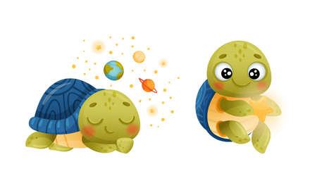 Cute Green Turtle Dreaming of Outer Space and Holding Star Vector Setのイラスト素材