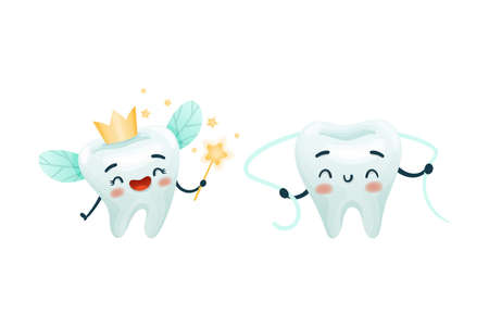 Dental Care with Cute Funny Tooth Character with Floss and Magic Wand Vector Setのイラスト素材