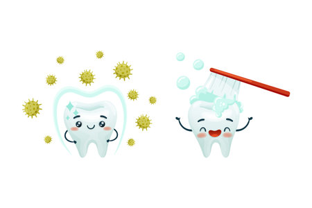 Dental Care with Cute Funny Tooth Character Brushed by Toothbrush and Under Protection Against...