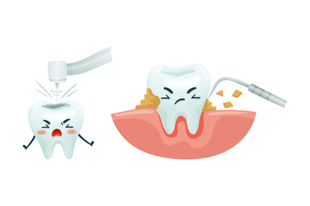 Dental Care with Cute Funny Tooth Character with dentist drill and Tool Removing Calculus Vector Setのイラスト素材
