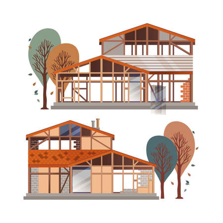 Unfinished House with Wooden Frame and Layered Brick Walls and Tree in the Yard Vector Setのイラスト素材
