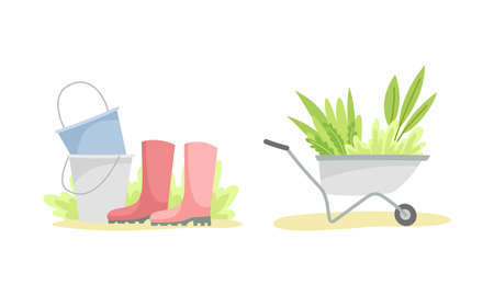 Gardening with Wheelbarrow and Buckets with Rubber Boots as Plant Cultivation and Agriculture Vector Setのイラスト素材