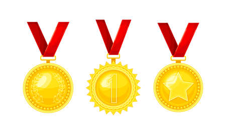 Golden Award or Distinction with Red Ribbon as Token of Recognition of Excellence Vector Setのイラスト素材