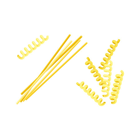 Spiral and Spaghetti Pasta of Wheat Flour for Cooking and Culinary Vector Setのイラスト素材