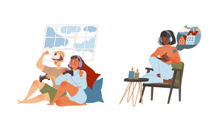 People Character Using Gadget and Electronic Device Drawing on Tablet and Playing Video Game with Gamepad and Augmented Reality Glasses Vector Setのイラスト素材