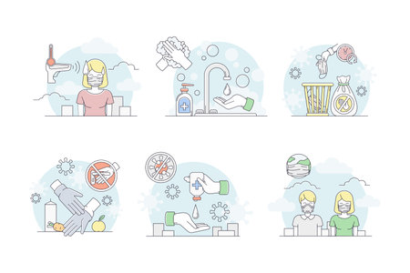 Pandemic with Hand Sanitizing, Temperature Measuring and Mask Wearing Line Vector Setのイラスト素材