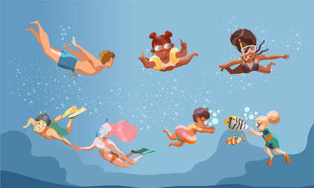Young Man and Woman Character in Swimsuit and Goggles Snorkeling Underwater Vector Illustrationのイラスト素材