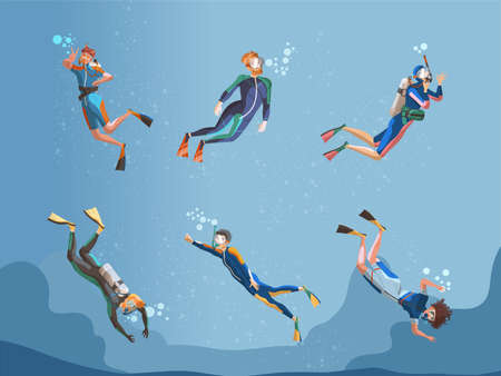 Young Man Character in Diving Dress Snorkeling Underwater Vector Illustration Setのイラスト素材