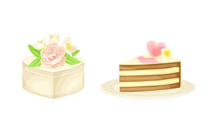 Wedding symbols set. Gift box and piece of cake, attributes of bride cartoon vector illustrationのイラスト素材