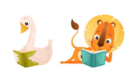 Cute baby animals reading books set. Lion, gosling sitting with book cartoon vector illustrationのイラスト素材