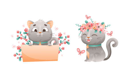 Cute grey kitten holding blank paper banner set. Lovey playing cat animal in wreath of wildflowers cartoon vector illustrationのイラスト素材