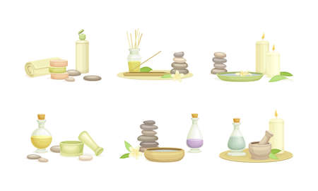 Spa and Aromatherapy with Burning Candle, Fragrant Stick and Essential Oil Vector Setのイラスト素材