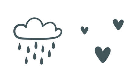 Cute Cloud with Rain Drops and Hearts in Black Doodle Vector Setのイラスト素材
