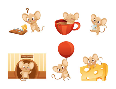 Little Mouse Character with Long Tail and Big Ears Engaged in Different Activity Vector Set. Funny Rodent Creature with Friendly Snoutのイラスト素材