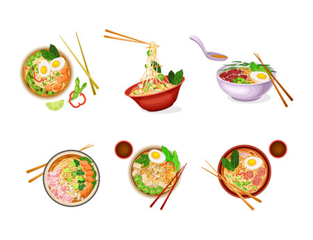 Bowls of noodles and chopsticks set. Traditional Asian ramen soup cartoon vector illustration
