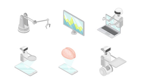 Robotic Technology with Electronic Equipment and Artificial Intelligence Like Smartphone and Automatic Hand Isometric Vector Setのイラスト素材