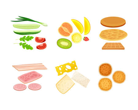 Sandwiches and pancakes constructors set. Meat, cheese, vegetables and fruit sliced ingredients cartoon vector illustration iのイラスト素材