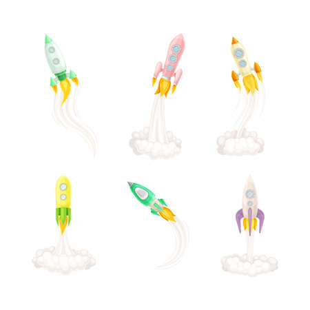 Rocket launch set. Spaceship flying with smoke and fire burst cartoon vector illustrationのイラスト素材