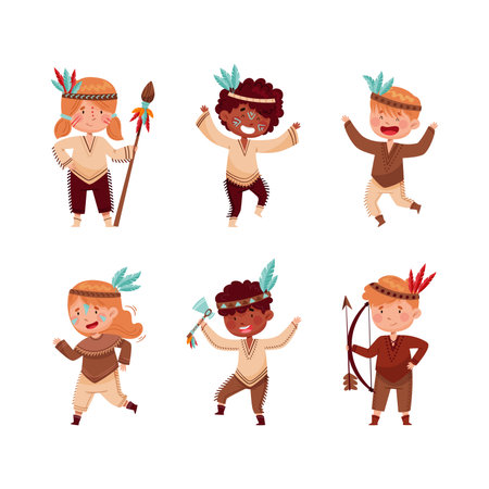 Set of happy kids playing Indians. Children wearing traditional tribal costumes and feathered headgears having fun cartoon vector illustrationのイラスト素材