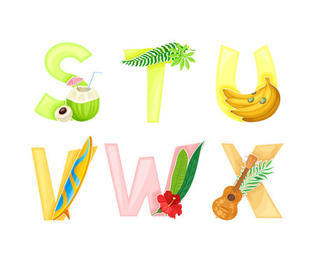 Tropical alphabet. S,T,U,V,W,X English capital letters with exotic cocktail, fruit, leaves cartoon vector illustrationのイラスト素材