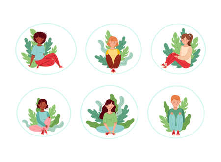 Young Male and Female Resting Outdoor in Sitting Pose with Green Foliage Behind Vector Setのイラスト素材