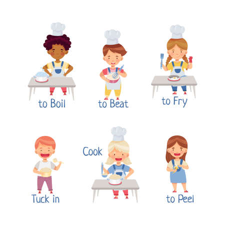 Little Kids Standing at Kitchen Table and Cooking Learning Verbs Vector Setのイラスト素材