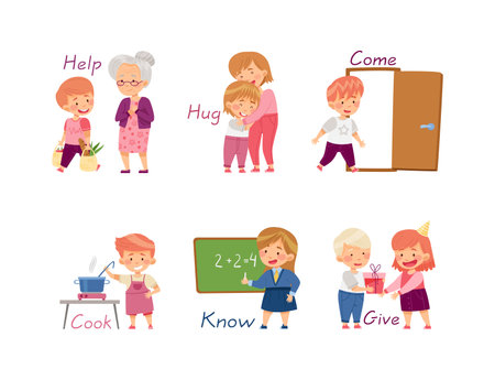 Funny Kids Engaged in Different Activities Demonstrating Verb Vector Setのイラスト素材