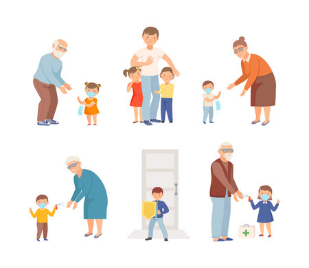 Cute Little Children Loving and Protecting Their Family Members Vector Setのイラスト素材