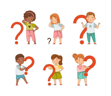 Puzzled Little Kids with Question Scratching Their Heads Wondering Vector Setのイラスト素材