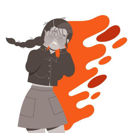 Stressed Woman Character Covering Her Face with Hands Feeling Fear Vector Illustrationのイラスト素材