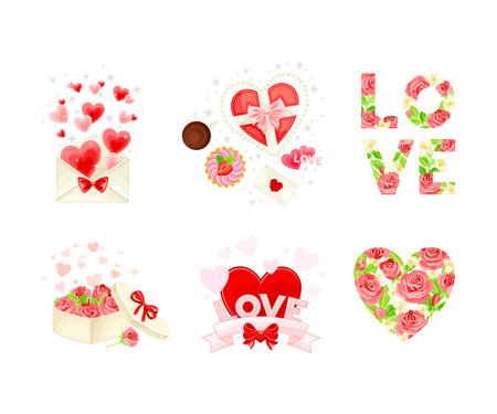 Happy Valentine s Day with Heart and Rose Bud Vector Composition Setのイラスト素材