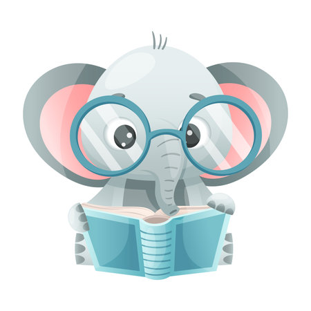 Cute Elephant Animal in Glasses Reading Book in Hard Cover Enjoying Interesting Story Vector Illustrationのイラスト素材